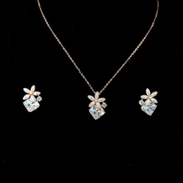 MELANO 925 Sterling Silver Flower Stone Pendant Chain Earring Set Rose Gold Rhodium Plated, Gift for Her